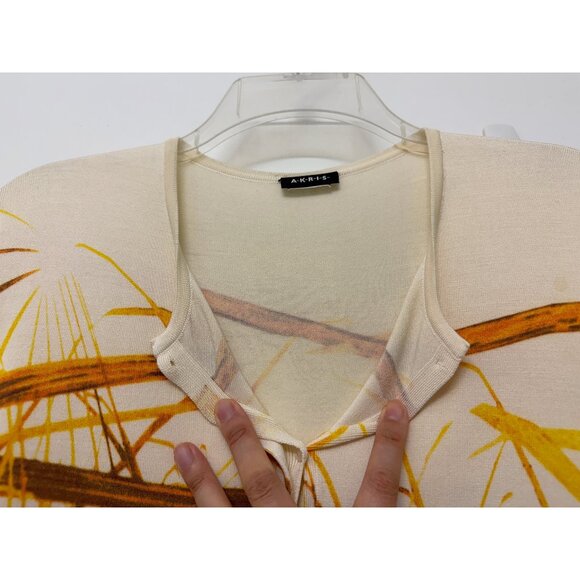 Akris Grass Print Silk Cardigan Sweater Yellow Straw Hay Stripe Button Down 10 - Picture 16 of 16